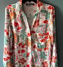 Zara Red White M Paisley Floral Print Long Sleeve V Neck Boho Luxe Festival Prep