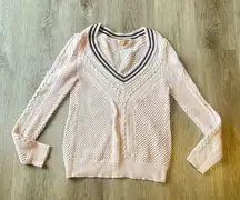 Tory Burch Crochet Knitted V Neckline Pullover Sweater Pink Navy Blue Stripe