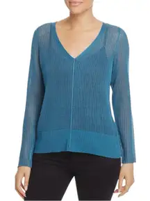 Eileen Fisher Teal Open Knit Sweater size XL Long Sleeves Sheer V Neck