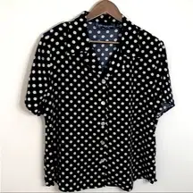 VINTAGE BLACK + WHITE POLKA DOT SHORT SLEEVE BUTTON UP BLOUSE — SUSAN GRAVER S