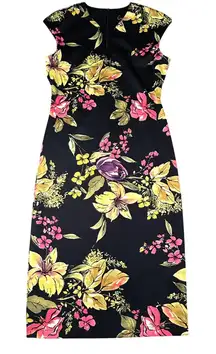 Connected Apparel Womens 6 Black Floral Cap Sleeve Deep‎ V-Neck Dress Back Zip