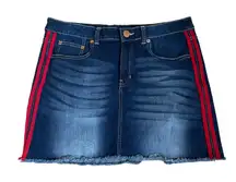 NOBO Mid Rise Denim Mini Skirt 17 Red Side Stripes Frayed Hem Early 2000s Trendy