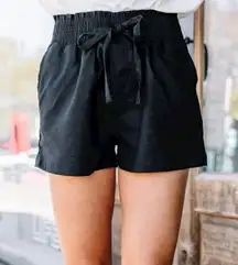 Black Linen Shorts Drawstring Elastic Waist Size Medium Loose Fit Pockets