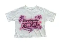 Los Angeles Cowgirl - Cropped Round Neck Tee in White & Pink