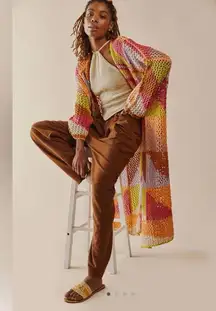 Free People Chasing Rainbows Tropical Combo Open Front Knit Maxi Cardi Kimono