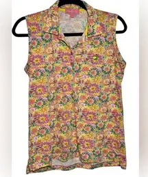 Magnolia Lane Floral Masters Sleeveless Collared Top Bright Golf Pickleball SZ L