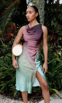 Zara dress midi satin tie dye fitted bodycon casual evening wedding cowl neck 