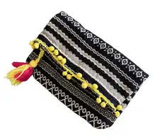 Just Fab Fold Over Bag‎ Yellow Pom Pom Tassel Trim Colorful Clutch Purse