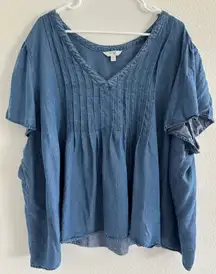 Terra & Sky Top Womens‎ 3XL Blue Chambray Pleated Western Preppy Casual Career