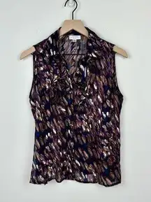 Tahari Purple & Brown Semi Sheer Ruffle Button Down Sleeveless Blouse, M…