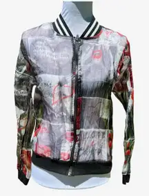 Blush bomber jacket M sheer pink black paris motif print zip