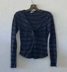 Others follow blue multicolored striped thermal tie up long sleeve shirt top