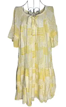 Caslon Yellow White Tiered Dress Tie Neck‎ Patchwork Ruffle Sleeve Women Medium