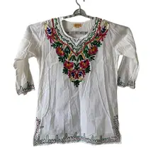 Sun Flower White Tops/Blouses Colorful Hand Stitched Mexican Style‎ 100% Cotton