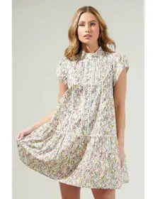 Hausen Floral Pleated Mini Dress Size L Mockneck Ivory White Short Sleeve