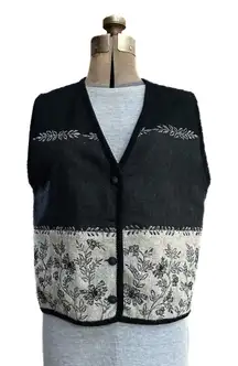 Paul Harris Design vintage wool vest with floral embroidery in black and gray.