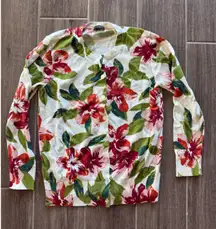Ann Taylor Factory Floral Cardigan Sweater White Red Green Long Sleeve Button Up