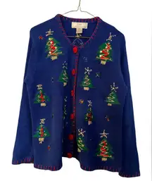 Lisa International Women’s Size Small Ugly Christmas Sweater Blue Holiday Tree S