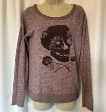 Women Volcom Skully Head Crew T Shirt Long Sz S Marled Lavender Sweatshirt Skull