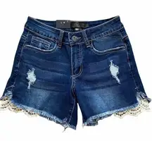 Lucky and Blessed NWT Lace Trim Cut Off Denim Dark Wash Jean Shorts Size 2