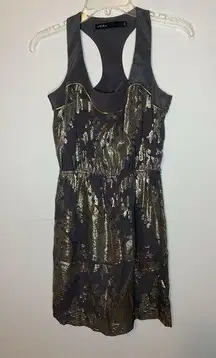 Akiko Womens Racerback Cinch Waist Dress 100% Silk  Grey Gold Overlay Sz X-Small