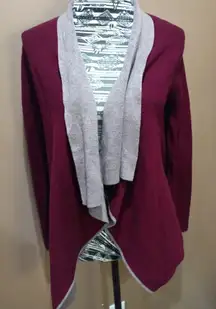 Romeo and Juliet Couture burgundy and tan drape front cardigan sweater, size S