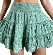 American Eagle Skirt Tiered Ruffle Floral Thick Elastic Waist Flowy Mini Green S