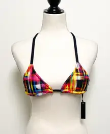 Ola Vida Blurred Geometric Plaid Sliding Triangle Halter Bikini Top NWT Small