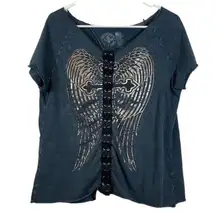 Women's Affliction Y2K Angel Wings Metallic Gray Shirt Laced Front Size Large