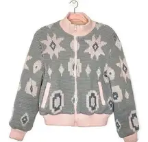 Vintage zip front chunky knit sweater jacket gray and light pink western print