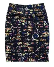 Lularoe Black Cassie Pencil Skirt Dragonflies Floral Size Large EUC #5734
