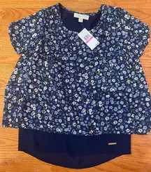 Michael Kors Chambray Blue Floral Split Back Short Sleeve Blouse XXS NWT