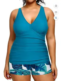 #89Plus Size Two Piece Tankini Swimsuit V Neck Tummy Control Ruched wshorts nwot