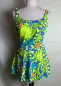 Vintage 60s Catalina Swimsuit One Piece Skirted Psychedelic Floral Blue Green 14