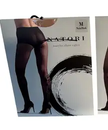 Natori Marylin Sheer Tights Nude Black Size Medium Floral Leg Accent Pair of 2