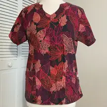 UA Scrubs Red Maroon Leaves Women's 4-Pocket V-Neck Print Scrub Top Medium Fall