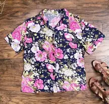 vintage • 80s floral button down blouse shirt short sleeve pink navy print