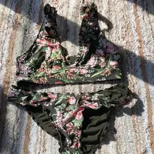 Mossimo Olive Floral Ruffle Edge Midkini top / Olive Bikini top or Ruffle bottom