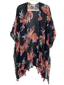 Ultra Pink Dark Boho Fringe Tropical Leaf Kimono Wrap Cardigan Beach Cover Up OS