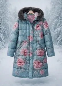 Sundance Floral Duck Down Blue Pink Puffer Coat