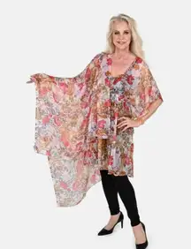 TAMSY Cream Color Flower Print Poly Chiffon Kaftan Women’s Beach Summer Boho O/s