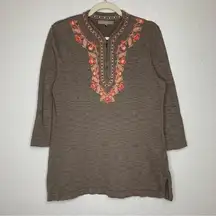 Tommy Bahama Linen Blend Brown 3/4 Sleeve Embroidered Top