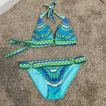 Victoria's Secret Blue and Green Patterned Bikini Set XS