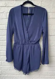 Illa illa Women's l Blue Long Sleeve Romper M Lace Trim V-Neck Casual One-Piece