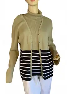 VINTAGE 1990'S STYLE & CO SAGE GREEN, BLACK & WHITE RIBBED KNIT TWIN SET (XL)