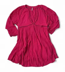 Free People Go Lightly Deep V Neck Embroidered Gauze Tunic Dress Pink Size Small