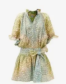 NWT JULIET DUNN Cotton-Voile Snow Leopard Mini Dress Blue Green US Size 4 6