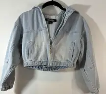 Jou Jou Hooded Cropped Denim Jacket Medium Light Wash Zip Up Jean‎ Style Y2K