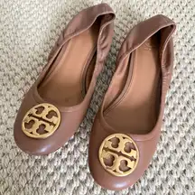 Tory Burch Chelsea Ballet Scrunch Back Nappa Leather Low Heel Shoes Royal Tan 8