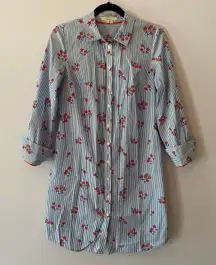 Boden 6 Blue White Stripe Red Floral Button Down Knee Length Shirt Dress Cotton